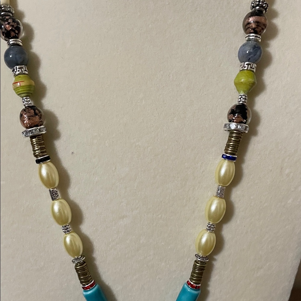 Artisan Turquoise and Silver Glass and Stone Pendant Necklace - Picture 6 of 11